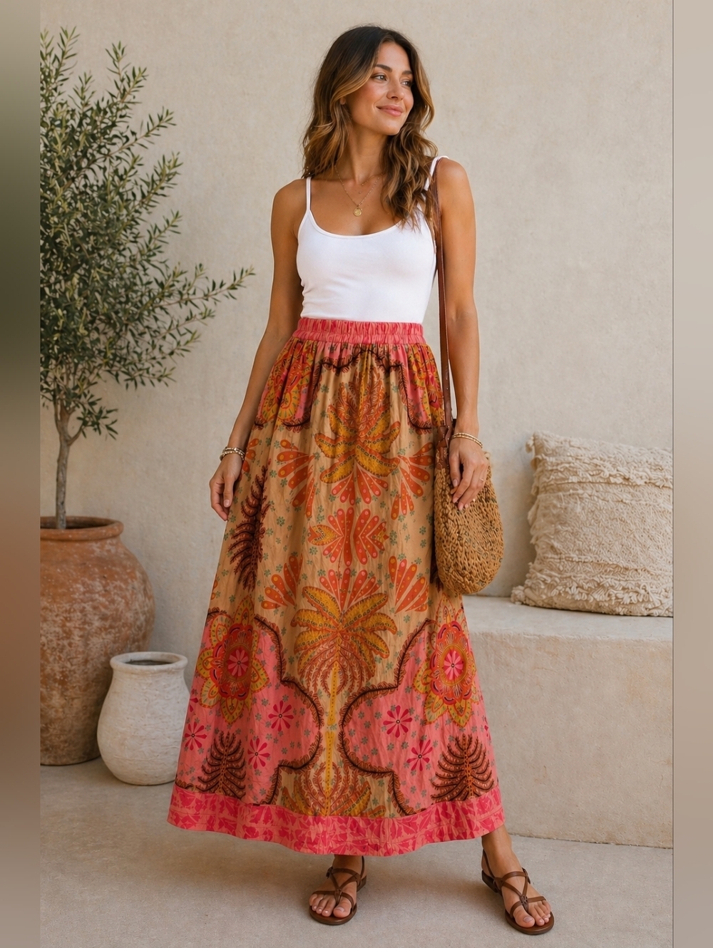 NWOT Calypso St Barth Boho Mandala Print Midi Skirt Coral Peach Size M